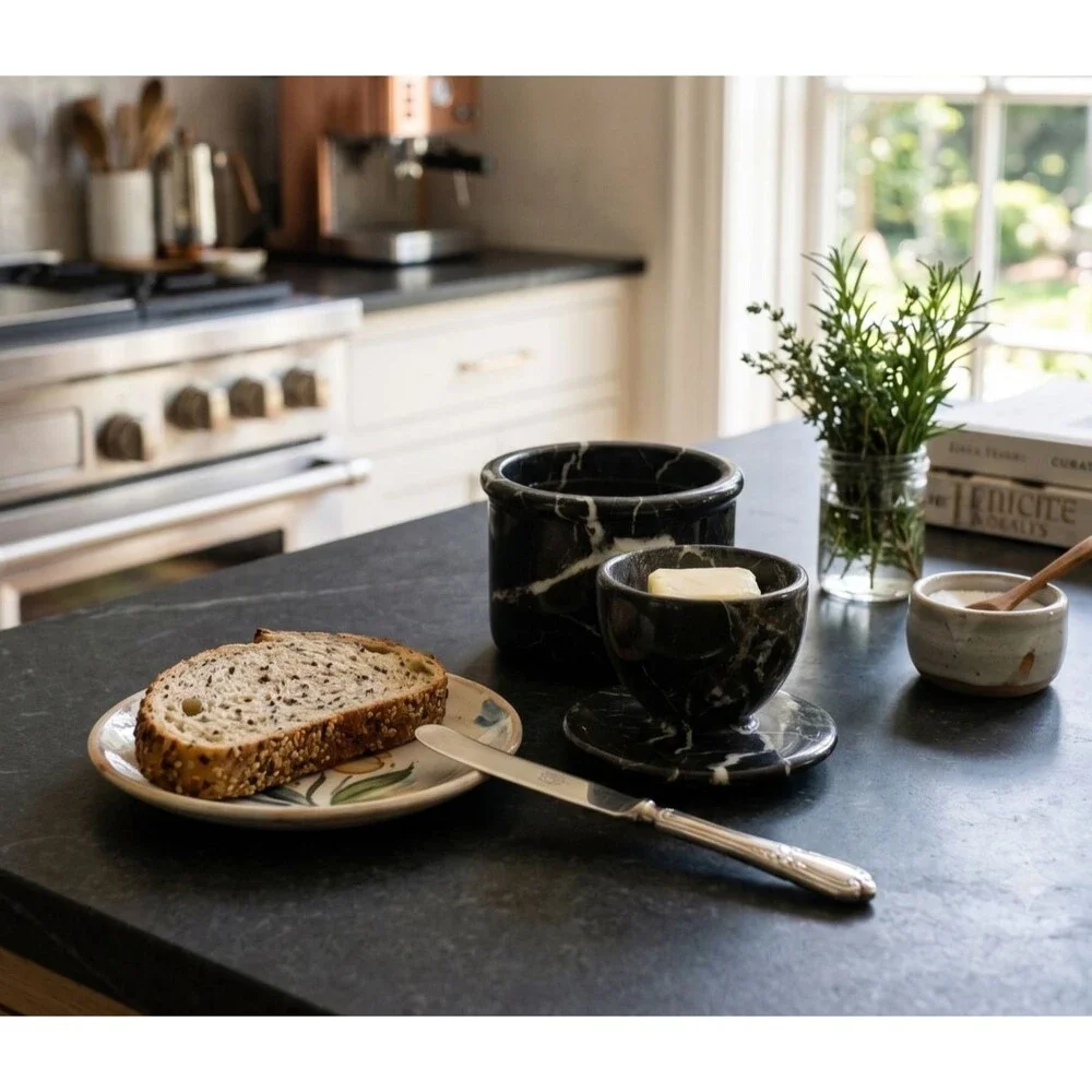 Marble Butter Dish with Lid Handmade Black French Kitchen Butter Crock Keeper